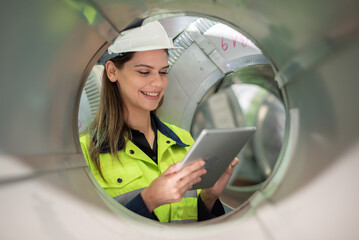 young woman engineer in uniform inspection warehouse and check control heavy machine construction...