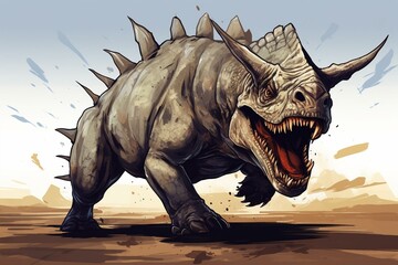 Illustration of aggressive triceratops dinosaur charging. Generative AI