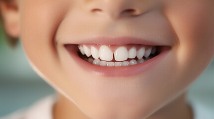 Perfect white teeth smile of a kid, close up. Child oral care dentistry concept. Stomatology for children. Happy little girl with beautiful white milk teeth.