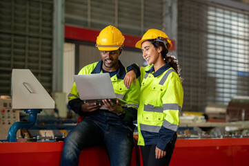 Factory apprenticeship. Man mentor teaching Female employees trainee operating machine looking monitors and check Production process machinery. foreman explaining woman engineer control machine .