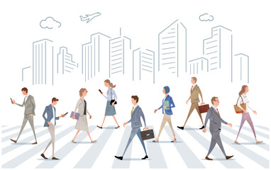 ベクターイラスト素材：ビジネス街を歩く人々、ビジネスマン
