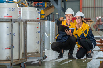Factory apprenticeship. Man mentor teaching Female employees trainee operating machine looking...