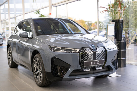 close-up BMW electric SUV model ix in Studio, Exterieur electric vehicle in showroomr, alternative energy development concept, German brand automotive manufacturer, Frankfurt - October 11, 2023