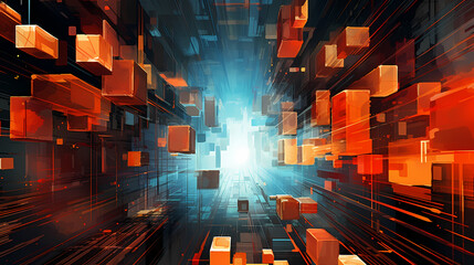 a large abstract painting with blocks, in the style of futuristic digital art, perspective rendering, red and orange, urban environment, luminous 3d objects, cubo-futurism, dazzling cityscapes
