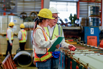 Factory apprenticeship. Man mentor teaching Female employees trainee operating machine looking...