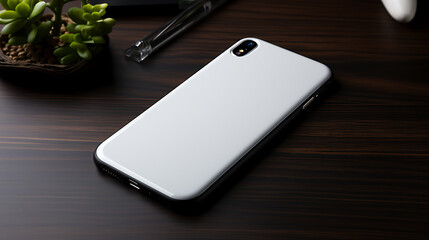 a phone back part, white backpart, ultra realistic, simple, Wooden  background 