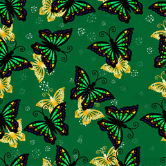 Seamless pattern of colored and gold butterflies on a green background for textiles and packaging. Vector illustration