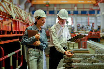 partner woman engineer assistant in helmet inspection check heavy machine construction installation...