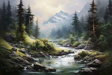 Artistic oil painting of a scenic landscape on canvas. Generative AI