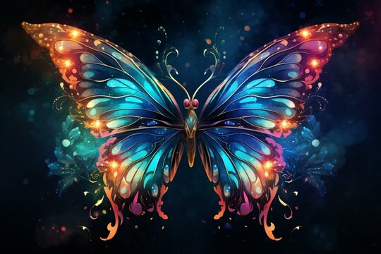 Shimmering sparkle on delicate painted butterfly in retro hues fluttering gracefully against a pure backdrop. Generative AI