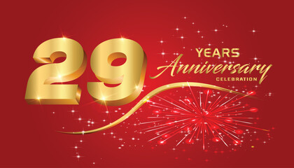 Celebrate the 29th anniversary with gold 3D letters, gold ribbons on a red background.	
