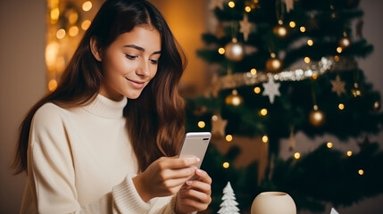 Young woman in a white sweater orders New Year's gifts during the Christmas holidays at home, using a smartphone and a credit card. - obrazy, fototapety, plakaty