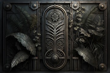 front view of an old metal sci fi wall with botanical engravings cyberpunk weathered seamless  - obrazy, fototapety, plakaty