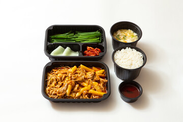Stir-fried pork and side dishes in a lunch box container