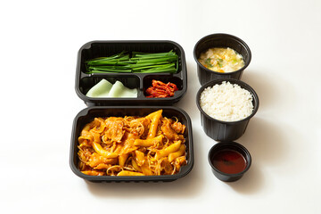 Stir-fried pork and side dishes in a lunch box container