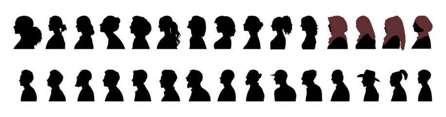 Vector set of diversity men and women detailed silhouette isolated on white background. Vector Illustration.