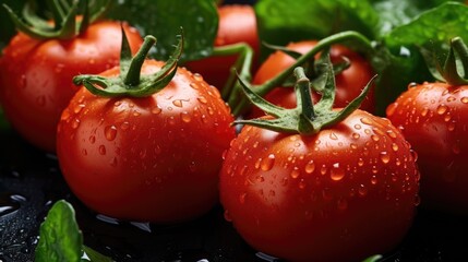 Ripe wet tomatoes lying in a pile with green leaves. Harvesting, autumn.