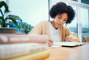 Bible, religion and woman with study of theology in home, Christian faith and knowledge of God for...
