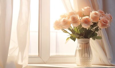 a rose vase decorated by a bright window,Generative AI