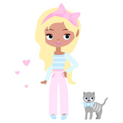 Cute girl with cat, dog. Fashion girl with animal. Cartoon and funny girl. Fashion girl.Vector illustration isolated on white