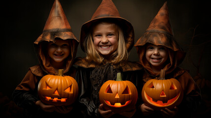 Joyful kids in high spirits celebrate Halloween, wearing in costumes and hats, holding carved pumpkins illuminated by candle light inside