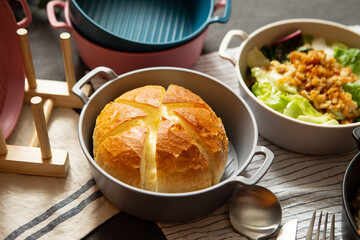  bread and various foods on the table	