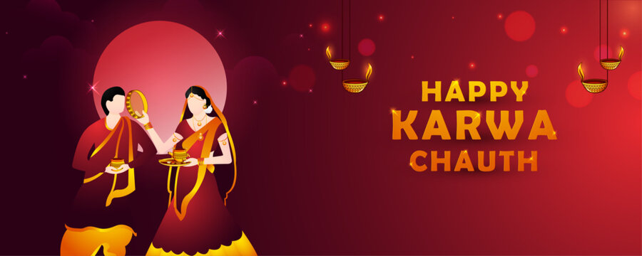 Beautiful married couple vector illustration on traditional banner, poster design of Happy Karwa Chauth.
