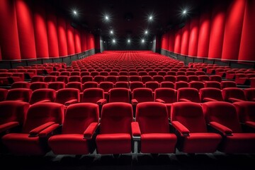 Empty theater with red seats. Generative AI