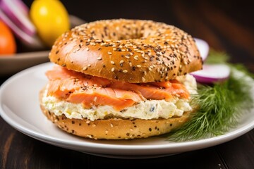 bagel with salmon and cream cheese, garnished with dill