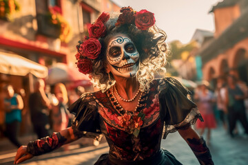 Fototapeta premium Woman at the Day of the Dead party in Mexico, made up with her face painted as a skull and dressed in Mexican clothing, in the rustic town square dancing typical cultural dances, backlit at sunset