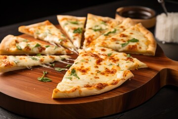slices of cheese pizza on a wooden pizza peel