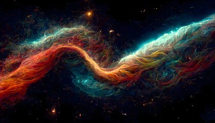 narrow winding band of continuous colorful cosmic lines in deep space stars mix of warm and cool hues thick bands weaving together strands of luminous gasses blowing off of wave nebula hubble  - obrazy, fototapety, plakaty