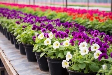 Fototapeta na wymiar rows of potted petunias in a greenhouse