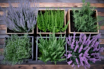 lavender plants in wooden planters, overhead shot