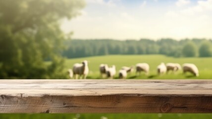 The empty wooden brown table top with blur background of sheep pasture. Exuberant image. generative AI