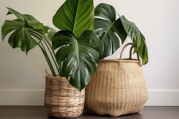 a large leafy monstera plant in a woven basket