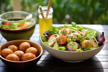 a dozen doughnuts beside a bowl of mixed salad