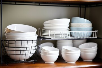Fototapeta na wymiar white ceramic bowls in a wire rack