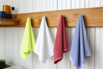 clean kitchen towels hanging from hooks