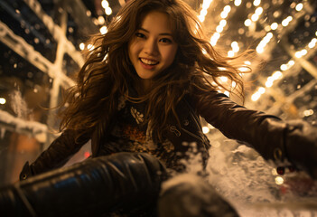 An Asian woman skating at night, a portrait of a female figure skater in a skating rink, a sense of excitement with a wide angle camera shot