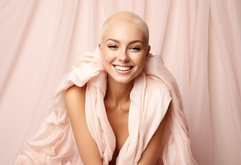 A shaved bald head woman model cover in light pink fabric with same textile background content with smile 