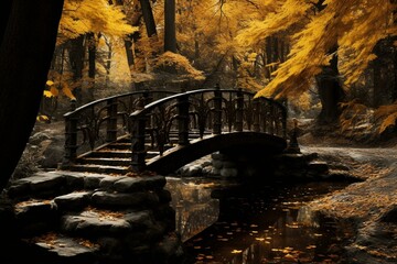 A bridge over a stream in a leafy forest with fallen yellow foliage and stairs. Generative AI