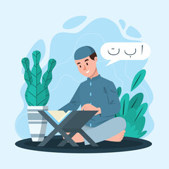 character illustration of man reading qur'an and pray