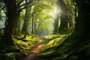 Enchanting forest with sunlight filtering through the trees, creating a magical, green landscape. Generative AI