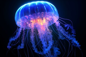 Luminous jellyfish in ocean depths. Radiant illumination creates a striking blue neon luminescence. Generative AI