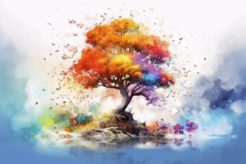 Vibrant tree amidst a watercolor landscape. Generative AI