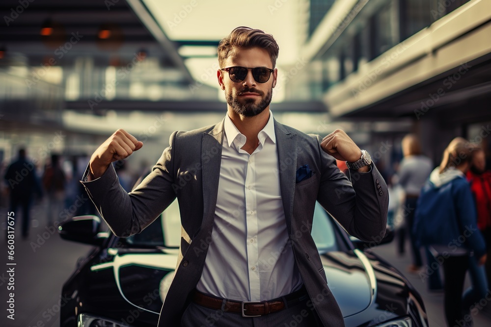 Poster young attractive wealthy man standing in front of a luxury car; successful businessman showing off w