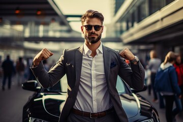 young attractive wealthy man standing in front of a luxury car; successful businessman showing off with confidence his elegant suit and lifestyle - obrazy, fototapety, plakaty