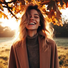 Woman laughing in autumn park