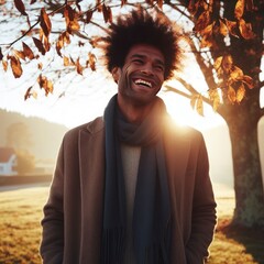Man laughing in autumn park